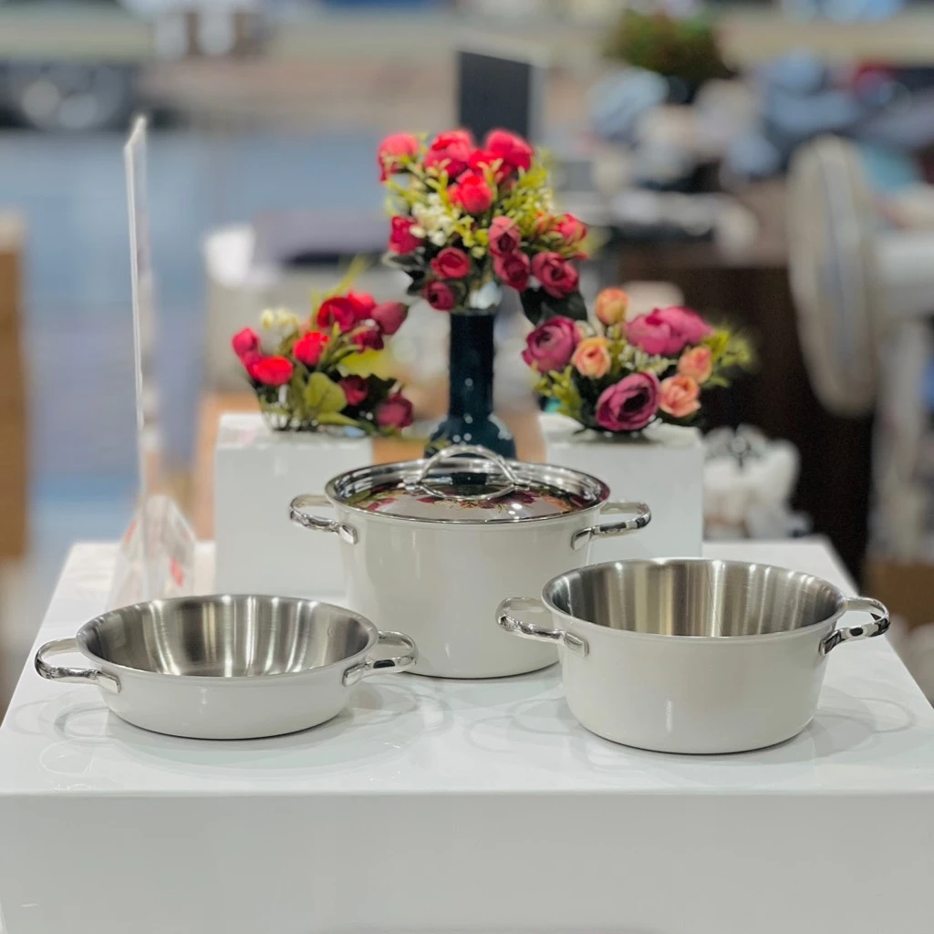 Bộ nồi chảo inox 5 lớp nguyên khối Edelkochen Chak Chak collection 18cm - màu Eco Cream