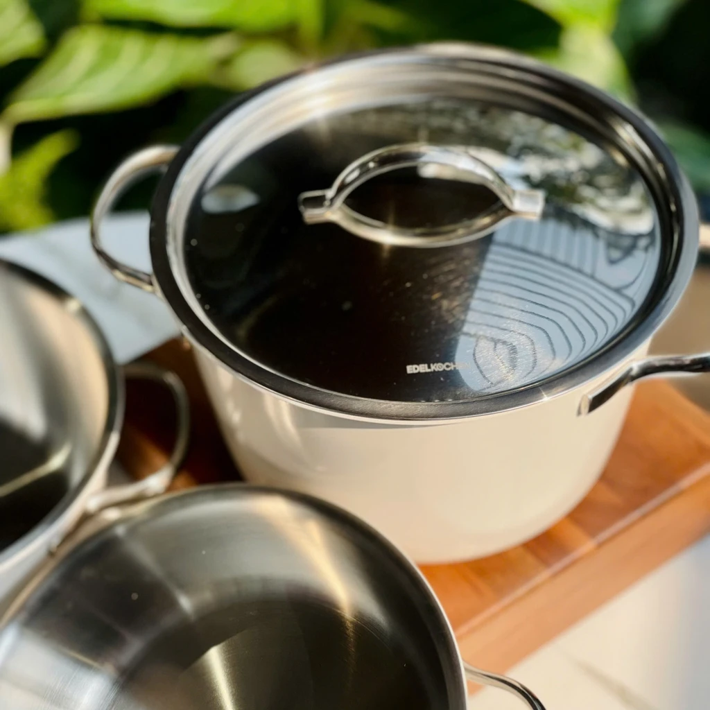 Bộ nồi chảo inox 5 lớp nguyên khối Edelkochen Chak Chak collection 18cm - màu Eco Cream