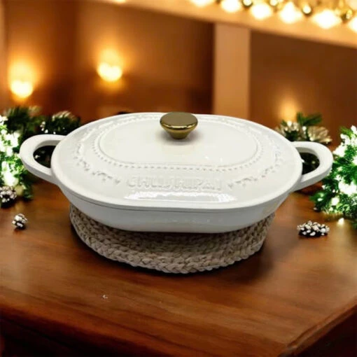 Nồi gang oval Chusipai 32 x 24 x 17cm (trắng)