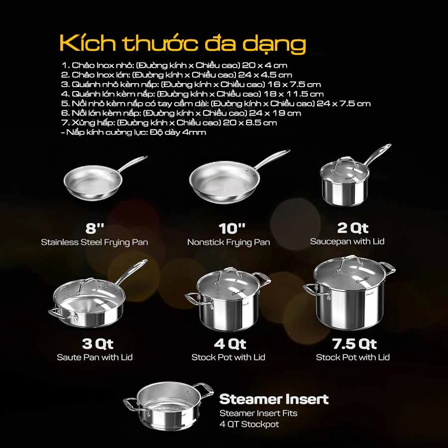Bộ nồi chảo inox CIWETE cao cấp – set 7 món đa năng