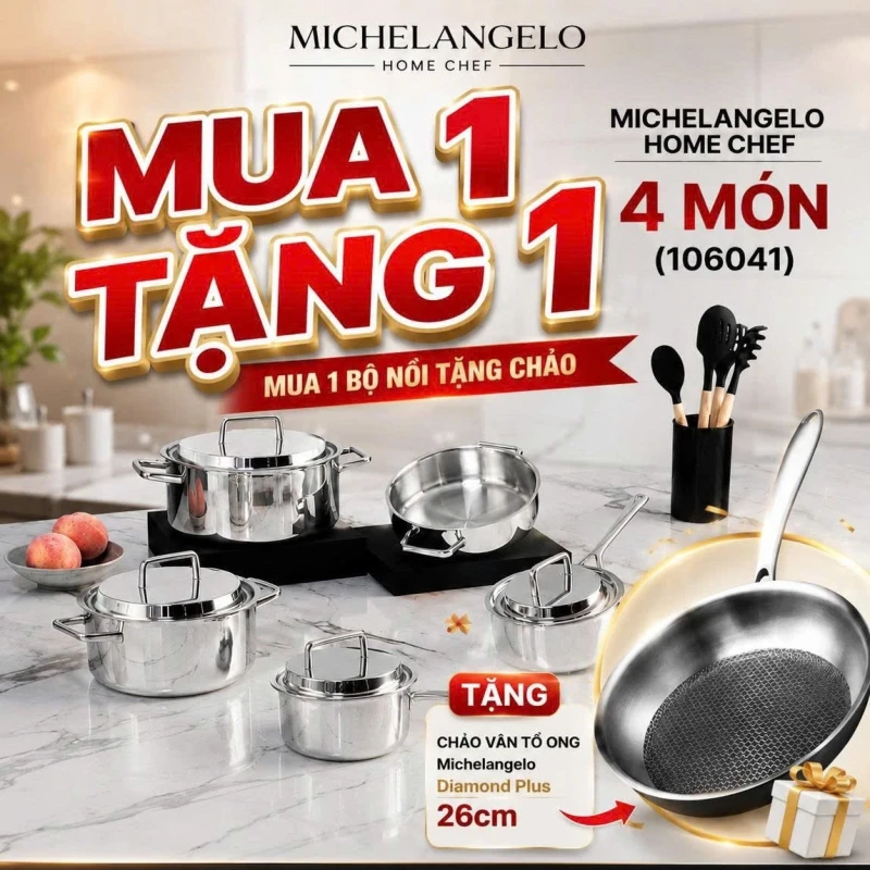 MICHELANGELO HOME CHEF 4 MÓN (106041) tặng 1 CHẢO VÂN TỔ ONG Diamond Plus 26cm