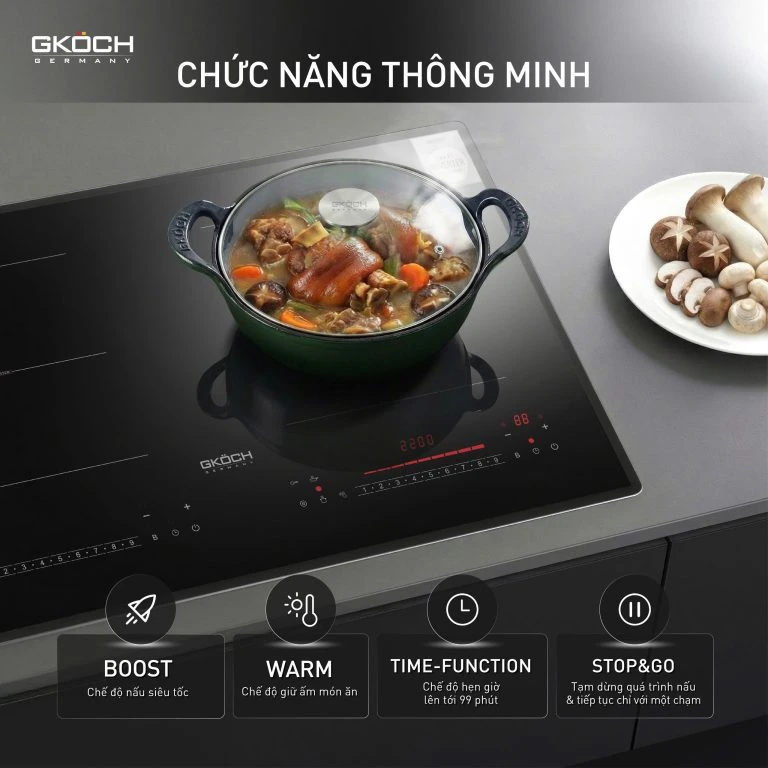Bếp điện từ, loại bếp âm cố định có 2 vùng nấu, model: 7372DS2, công suất: 5400W, điện áp: 220-240V, tần số: 50-60Hz, ko có chức năng nướng. Nhãn hiệu: GKOCH
