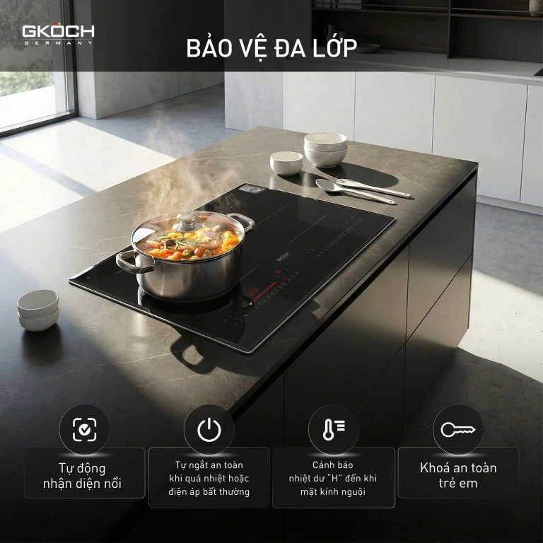 Bếp điện từ, loại bếp âm cố định có 2 vùng nấu, model: 7372DS2, công suất: 5400W, điện áp: 220-240V, tần số: 50-60Hz, ko có chức năng nướng. Nhãn hiệu: GKOCH