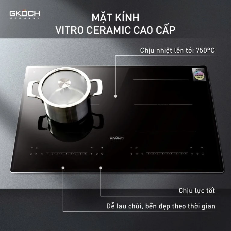 Bếp điện từ, loại bếp âm cố định có 2 vùng nấu, model: 7372DS2, công suất: 5400W, điện áp: 220-240V, tần số: 50-60Hz, ko có chức năng nướng. Nhãn hiệu: GKOCH