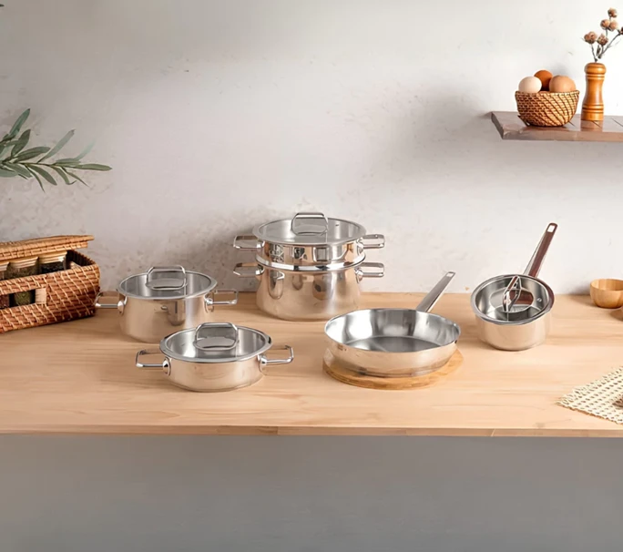 Bộ nồi 6 món Michelangelo Euroshine Quánh 16cm, Nồi thấp 20cm, Nồi cao 20cm, Nồi cao 24cm, xửng hấp 26cm, Chảo inox 26cm