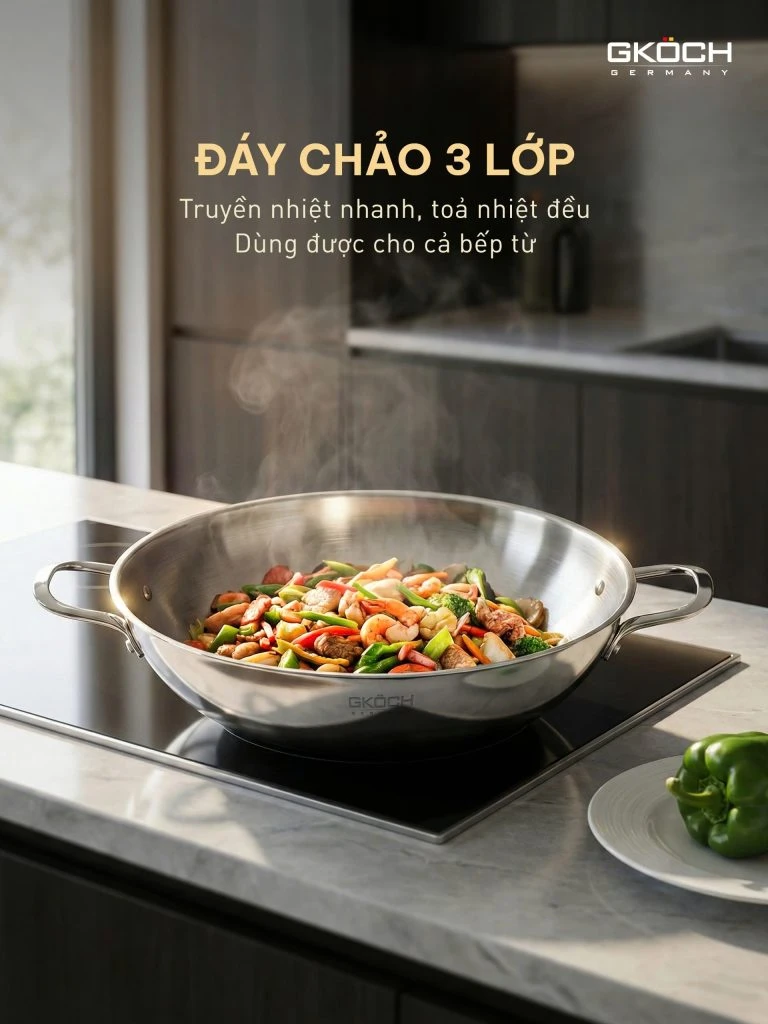 Chảo Wok (Chảo kèm xửng hấp), đường kính 32cm, chất liệu: thép không gỉ. Model: SA2010-32W. Nhãn hiệu: GKOCH