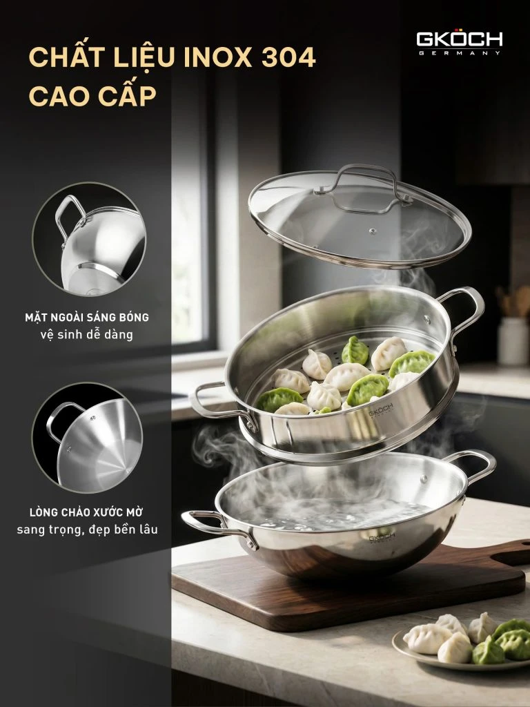 Chảo Wok (Chảo kèm xửng hấp), đường kính 32cm, chất liệu: thép không gỉ. Model: SA2010-32W. Nhãn hiệu: GKOCH