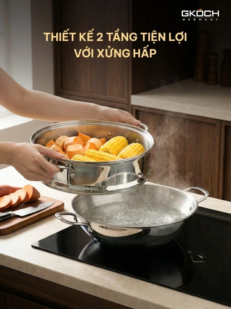 Chảo Wok (Chảo kèm xửng hấp), đường kính 32cm, chất liệu: thép không gỉ. Model: SA2010-32W. Nhãn hiệu: GKOCH