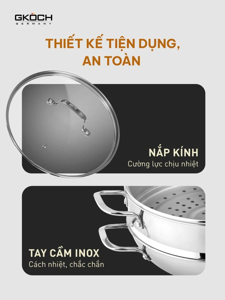 Chảo Wok (Chảo kèm xửng hấp), đường kính 32cm, chất liệu: thép không gỉ. Model: SA2010-32W. Nhãn hiệu: GKOCH