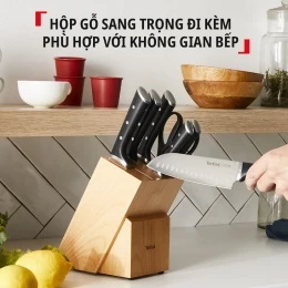 Bộ dao kéo thép Đức 7 món và kệ dao gỗ Tefal Ice Force