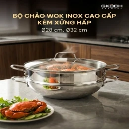 Chảo Wok (Chảo kèm xửng hấp), đường kính 28cm, chất liệu: thép không gỉ. Model: SA2010-28W. Nhãn hiệu: GKOCH