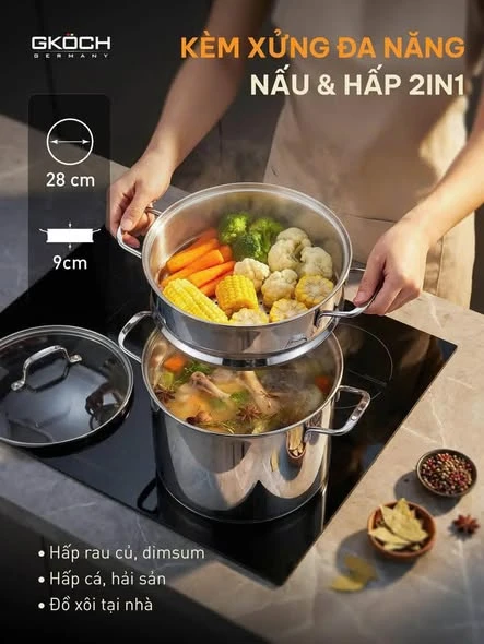 NỒI LUỘC GÀ KÈM XỬNG HẤP GKOCH 12L (tặng1 muôi canh GKoch - DD172)