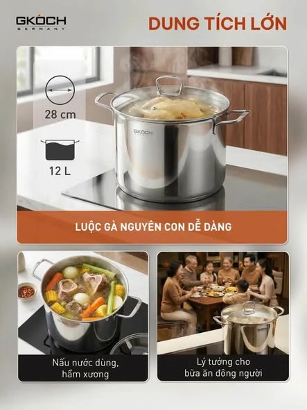 NỒI LUỘC GÀ KÈM XỬNG HẤP GKOCH 12L (tặng1 muôi canh GKoch - DD172)