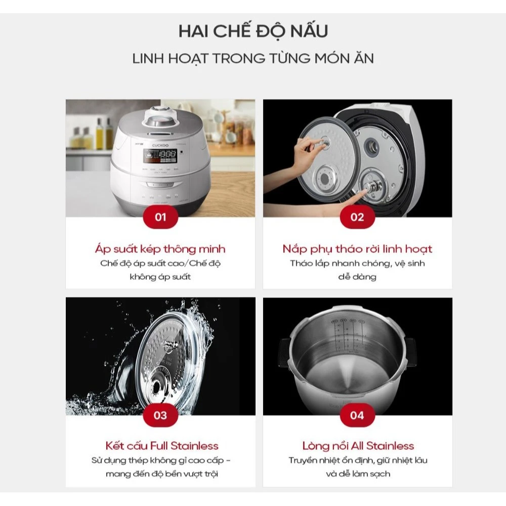 Nồi cơm cao tần áp suất kép Cuckoo FHTAS0610FW 1,08L màu trắng (lòng nồi inox)