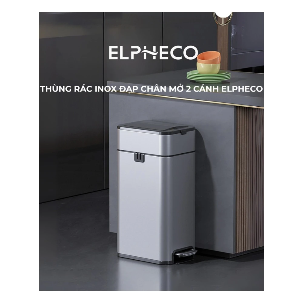 Thùng rác inox đạp chân Elpheco mở hai cánh, có lõi 25L - ELPH3712
